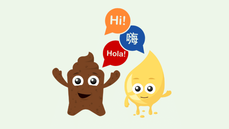 Wee and poo saying hello in multiple languages