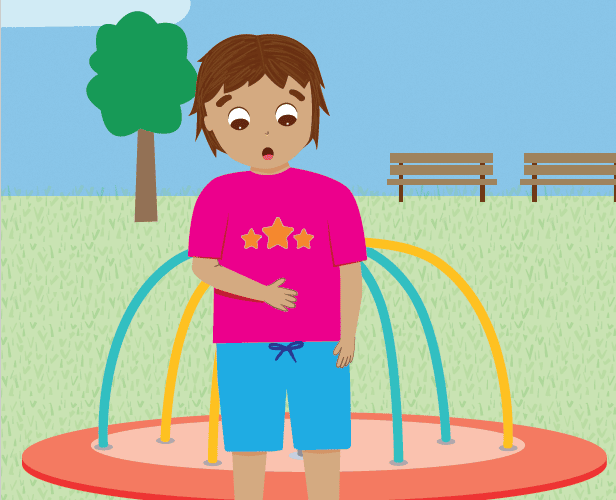 Cartoon child standing by roundabout in playground holding tummy and looking worried
