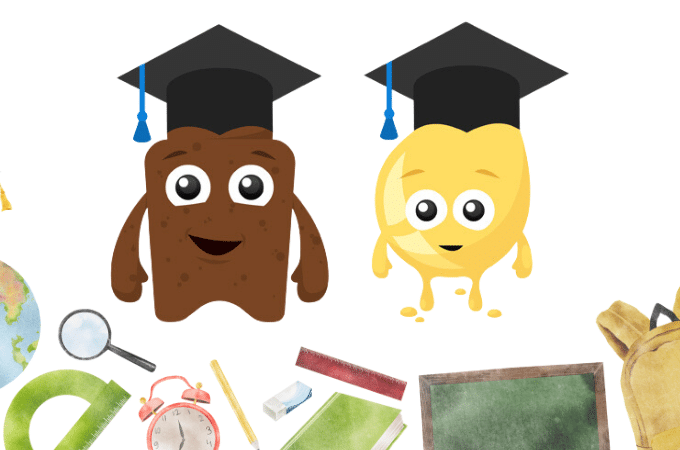 Wee and poo characters with mortar boards at school