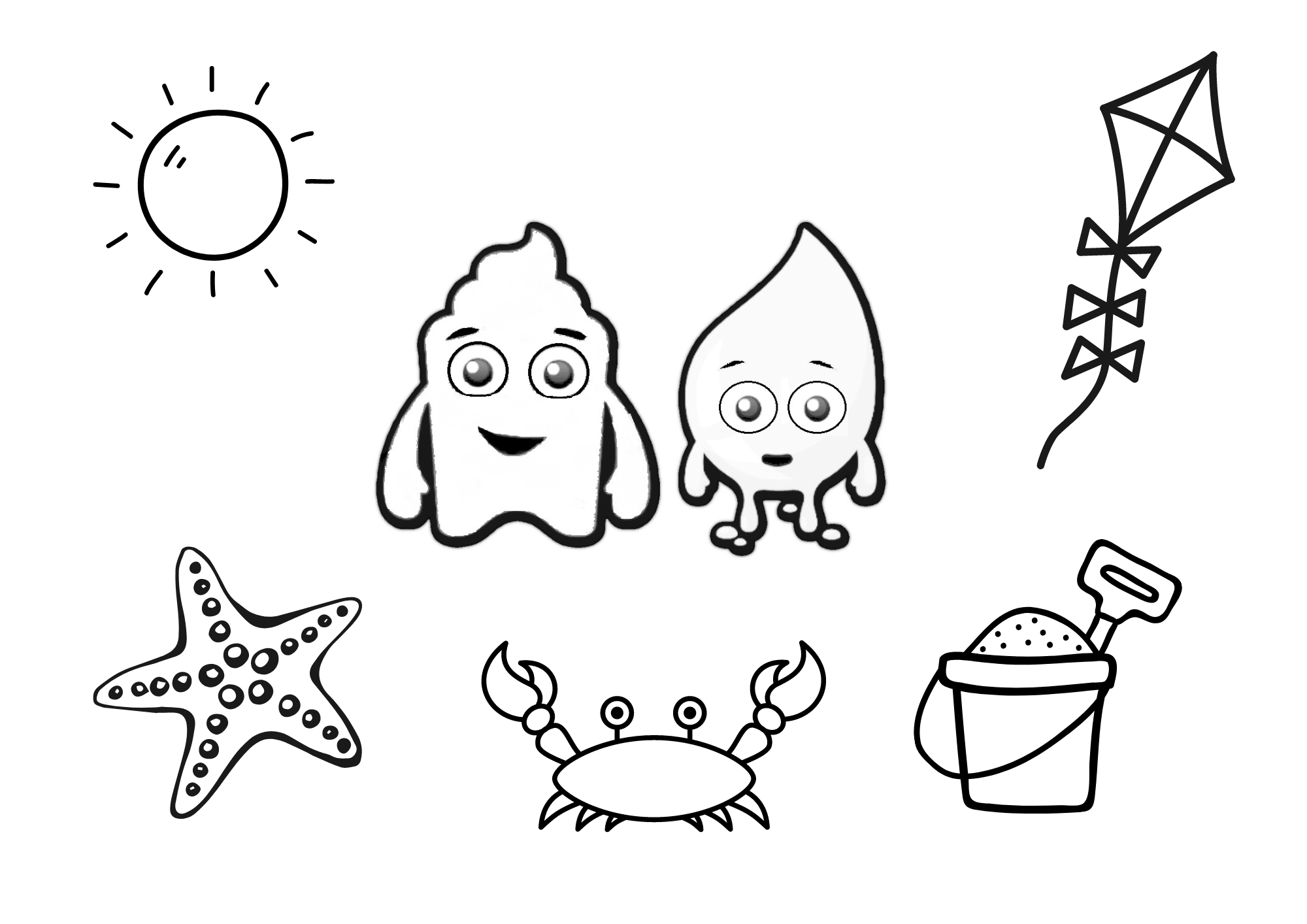 Poo and Wee with a sun, starfish, crab, kite and bucket and spade