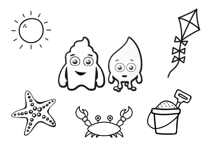 Wee and poo character colouring sheet - at the beach