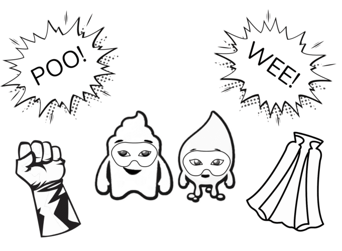 Wee and poo characters colouring sheet - superheroes
