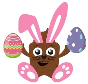Poo with bunny ears and feet holding Easter eggs