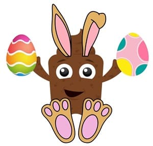 Easter poo with bunny ears and feet, holding Easter eggs.