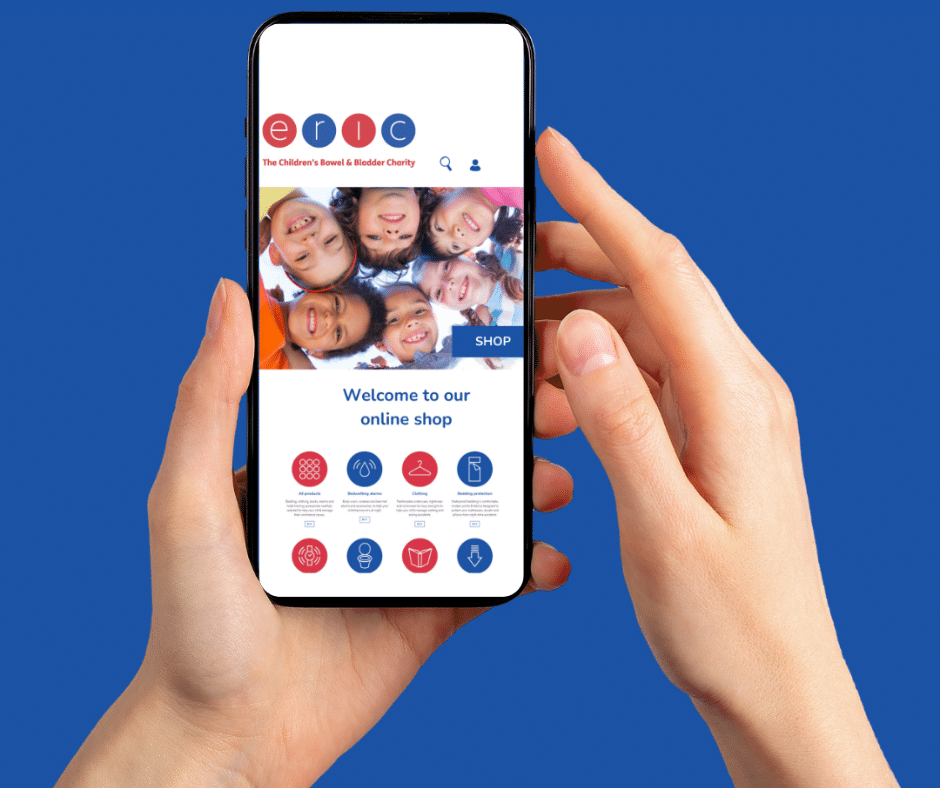 Hands holding a phone with ERIC shop homepage open