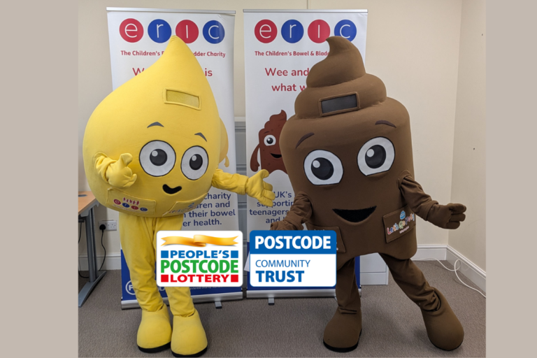Wee and Poo mascots with People's Postcode Lottery logo