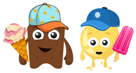 Wee and Poo characters with ice cream, ice lolly and wearing summer hats.